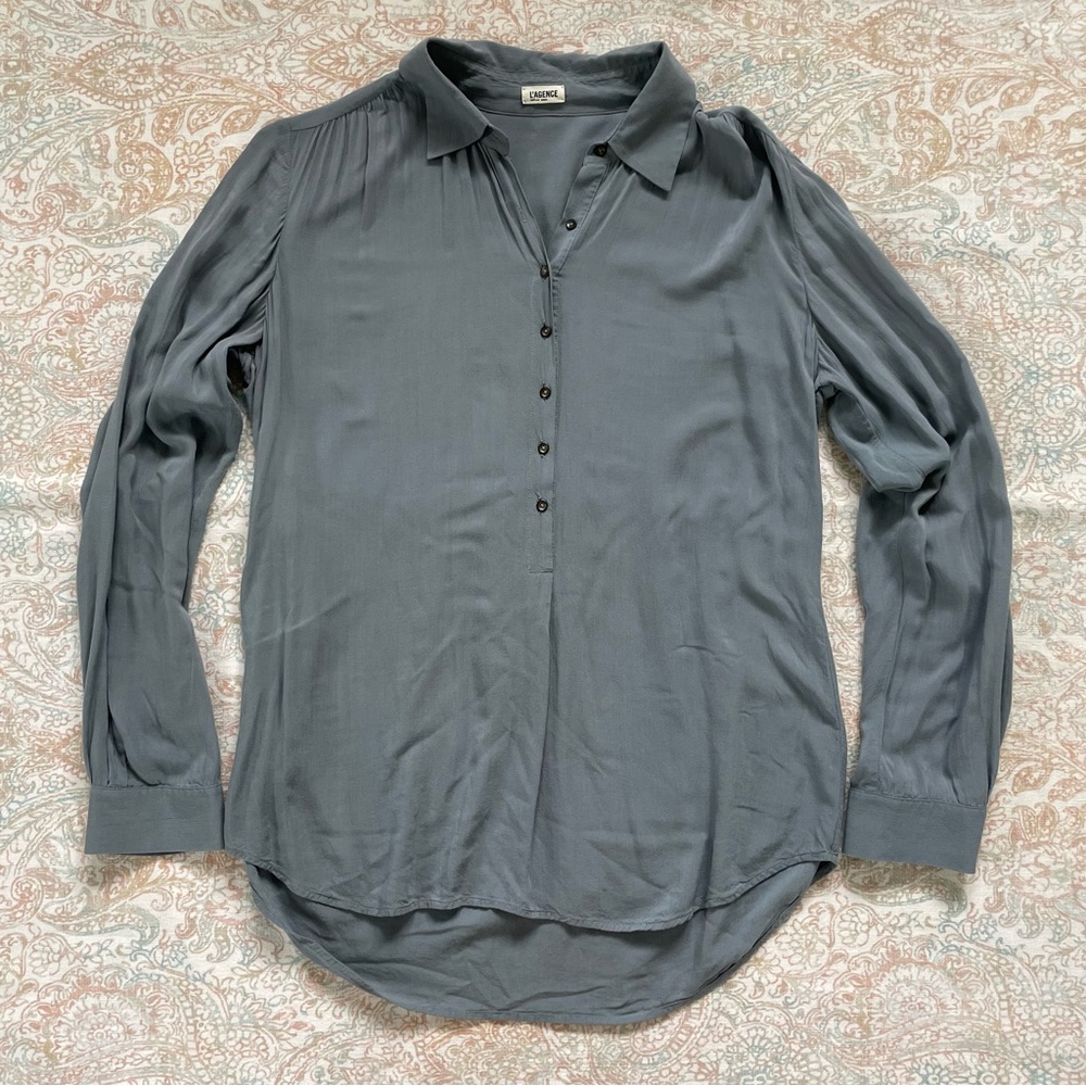 L’Agence Slate Blue Button Down Blouse Popover Shirt 4